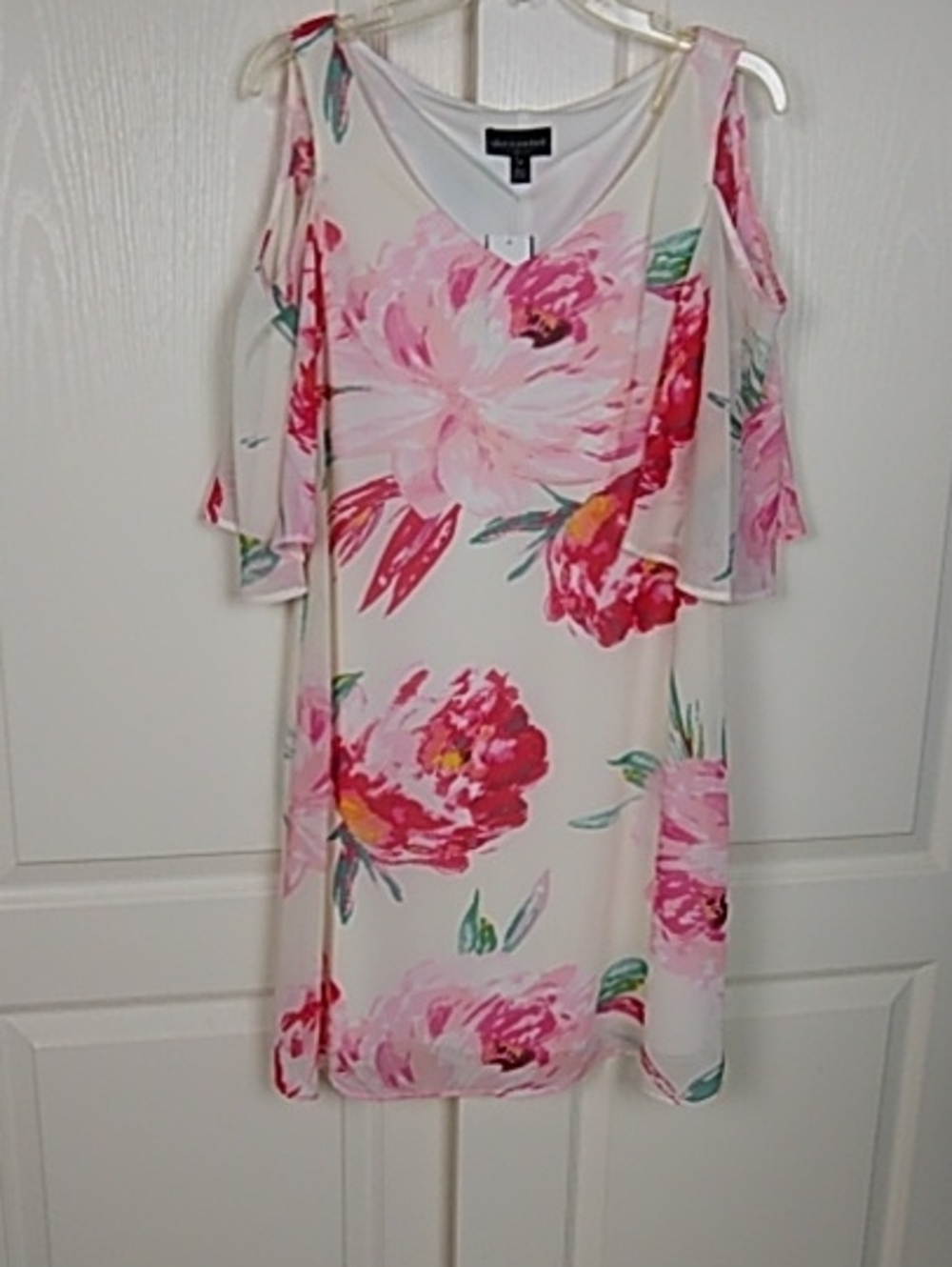 connected apparel Cream Cold-Shoulder Midi Dress with Pink & Red Floral